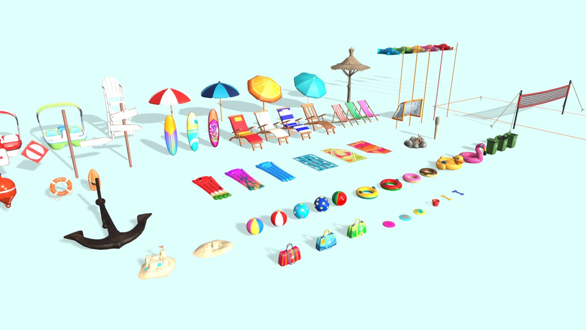 Environment and buildings from the KEKOS Tropical Beach package.

Ready to import in your preferred videogame engine or 3D software.

MODELS INCLUDED (with color variations):

Duck floater, Flamingo floater, 2 Classic floaters, 2 Donut floaters, 4 Parasols, 3 Surfboards, Straw parasol, Bucket, Shovel and Rake, 3 Towels, Volleynet, Soccer goal, 3 Pedal boats, 3 Pool mat, 3 Beach bags, 5 Beachballs, 3 Chairs, 3 Deckchairs, 5 Fish kites, 3 Frisbees, 2 Buoys, Lifesaver classic, Lifesaver rescue, Lifeguard chair, 2 Sandcastle, Anchor, Bonfire, 5 Signs and pole, Torch, Trashbin.

FORMAT:

FBX

POLYGON COUNT:

MIN~400 triangles (for small assets) / MAX~6k triangles (for complex assets like pedal boat).

TEXTURES:

PBR Textures: Diffuse + Normal map + Metallic (R) / Smoothness (A) / Ambient Oclussion (G) + Emissive (for some assets)

Size: 2048x2048 or 1024x1024

PNG format