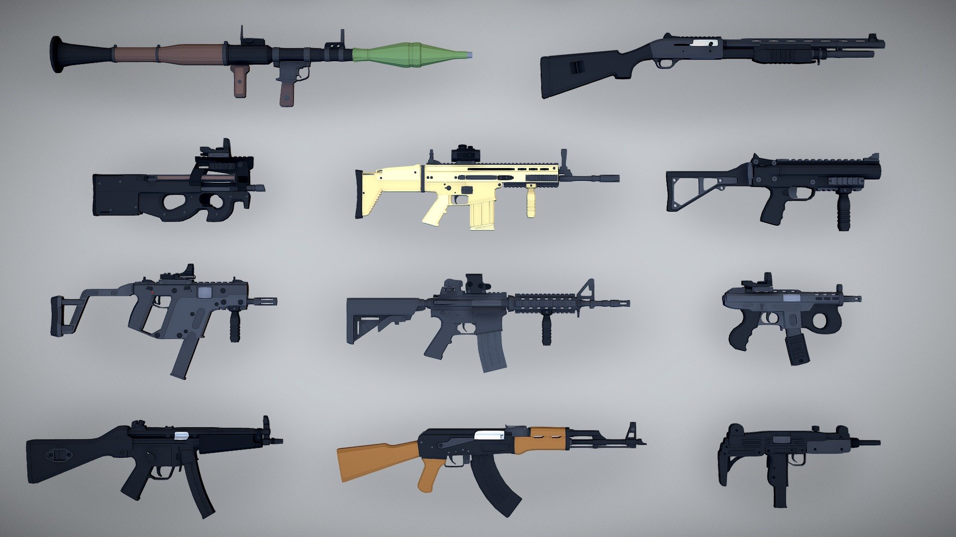 A bunch of low poly style weapon models i've been working on :)