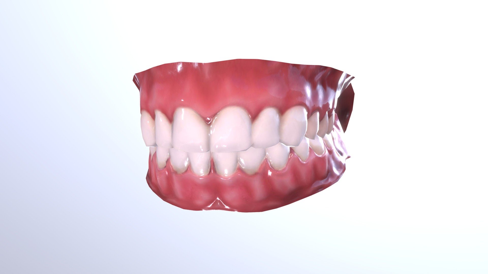
Model information:




This model is low poly, designed for video games.

FBX

Weight - 200 kb

Polygons (squares) - 2600

Vertices - 2500

Teeth and Gums are one-piece mesh.

Textures:




JPG | TGA

Total Weight - 400 kb | 30 mb

[2048x2048]

PBR (BaseColor + Metallic + Roughness + Normal + AO)

Internal blackout baked into BaseColor

Animation:




Universal bone rigging

Correct pivot, to easy open mouth

Tongue separately

