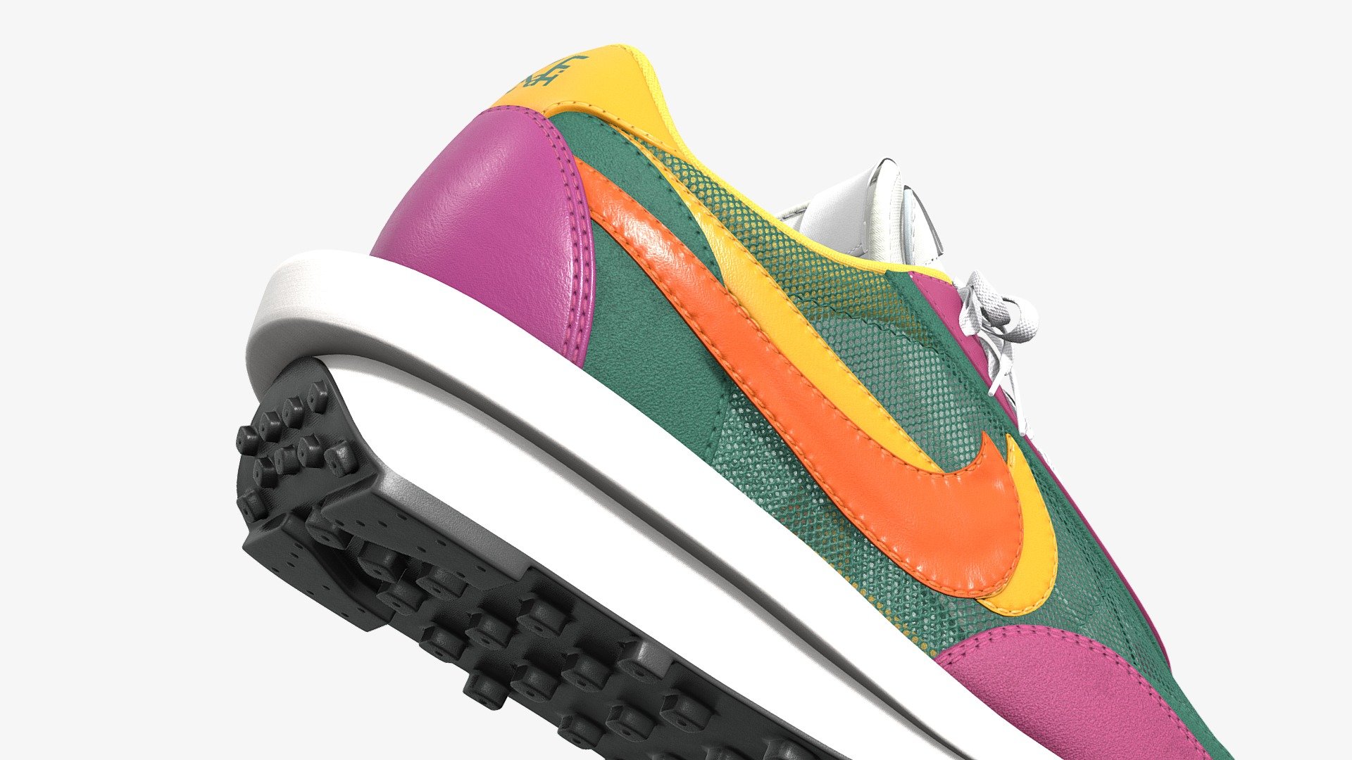 Nike Sacai LD Waffle in the Pine Green Colourway. This is one of the original colourways that released in 2019.

This model is a 1:1 replication of the original. All dimensions, angles, and curves are the same as the real life counterpart. The shoe is subdivision ready with a base polycount of 23,399 polys per shoe. The mesh uses four texture sets, all at 4096x4096 resolution, with the following maps in use: Base Color, Metallic, Roughness, Normal. The base color map contains the transparency information, so plug the alpha of the texture into the alpha channel, or alternatively put the base color texture where the opacity should go

Included is a One Mesh version which uses just 1 texture map per shoe,

The main Blender files contain the full texture setup. The mesh is subdivision ready so you can increase/reduce the subdivision count to achieve your desired look.