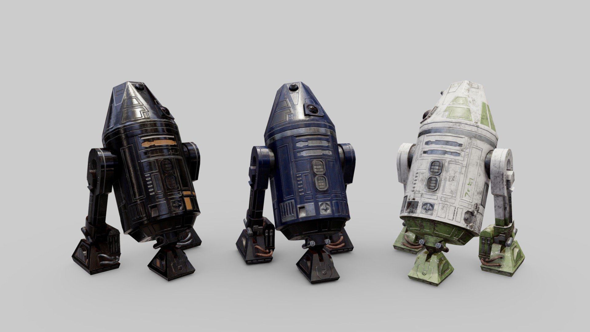 A low poly R4 droid, as seen in the background of many Star Wars movies. The black and dark blue colorschemes are based on background droids seen on the 1st and 2nd death stars, and the white/green is just a generic one. Very low poly. Not rigged but the different parts are parented correctly for easy posing. 

These are probably 85% accurate, not really detailed enough to be a hero asset, but certainly worthy of populating a scene, either in realtime or as a background character.