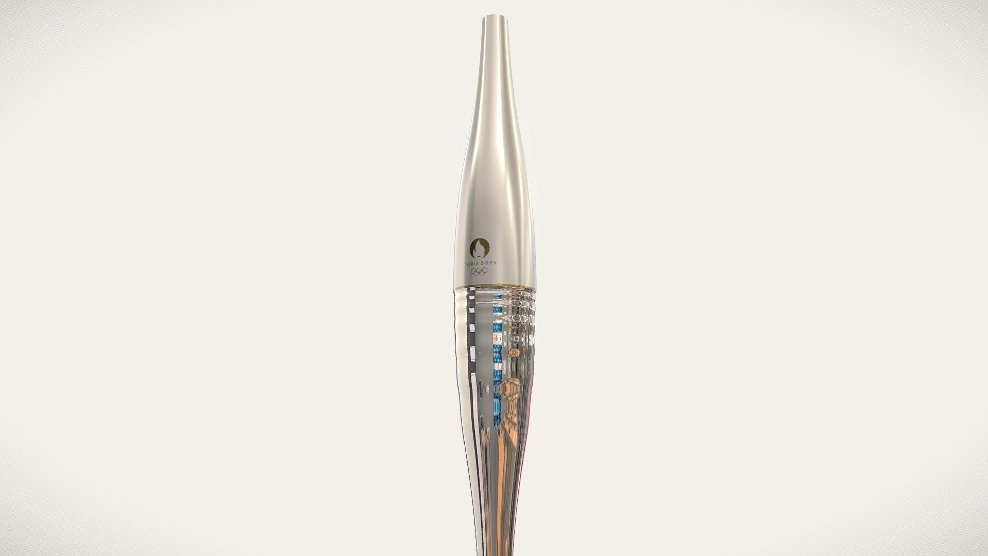 Discover the Paris 2024 Olympic games Torch.
The Paris 2024 Olympic and Paralympic Games Torch is distinguished first and foremost by its colour, which is both unique and radiant. To reflect the forthcoming Games, Mathieu Lehanneur also drew inspiration from three themes of Paris 2024: Equality, Water and Peacefulness.

Water has inspired the wave, 3D and vibration effects on the Torch, which reproduce the ripples and movements of water, in addition to the reflections of light on its surface. 

(Text from the official website of the olympic games of Paris 2024 more info : https://www.paris2024.org/en/torch-design/)




Designed by the French designer Mathieu Lehanneur.

Produced by ArcelorMittal

Made of recycled steel

70cm

The paris 2024 olympic logo and Olympic logo are trademarked
This model was made in Blender (by looking at photos), the inside mechanism is not totally modeled.