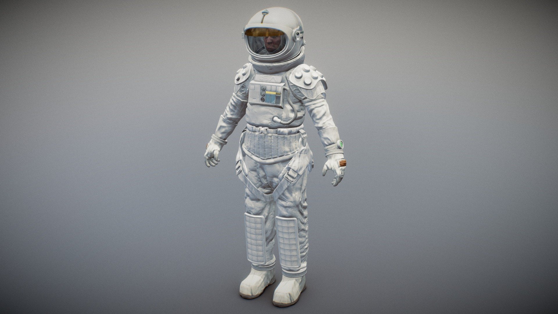 
Human wearing sci-fi inspired scafander that allows to stay alive in the harsh environment of outer space.