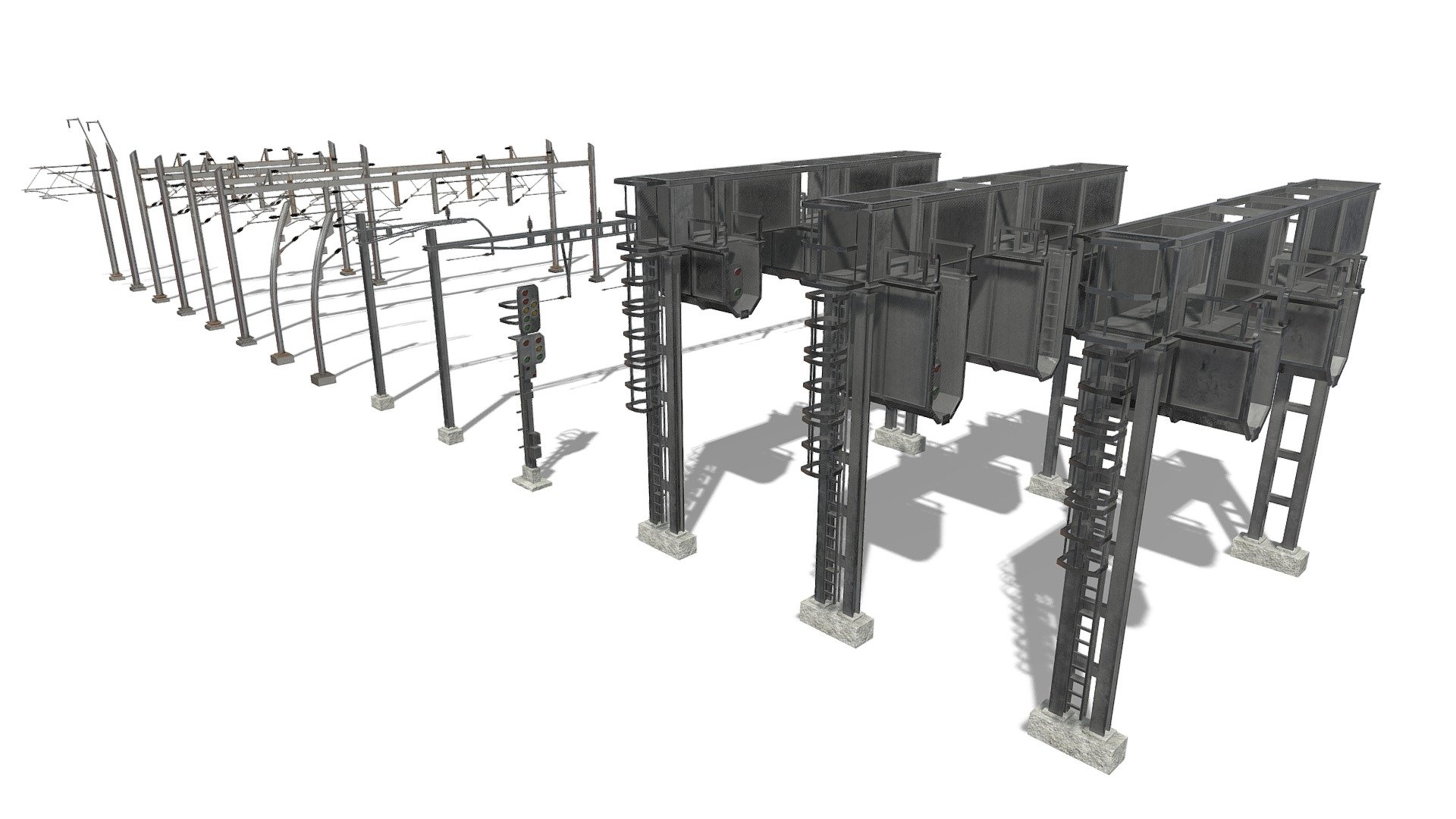 **Train / Rail / Railway Power Lines Collection **
Realtime ready Train / Rail / Railway Power Lines Collection, setup with PBR textures &amp; clean topology for use in 3d development. 

Check out our Main Collections

More in our City Collection

More in our Trains Collection

Collection of Train Power Lines with PBR Textures