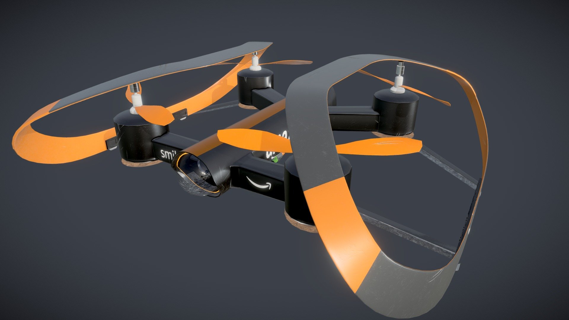 This is a little passed the blockout stage of my Drone model. This is my high-res model, currently straight ripped from Maya and put into here. The dome on the front and the glass on the tranq dart will eventually be glass.
Updated with damage and more tranq tech!

The story behind the drone is quite simple: In the near future, a very popular company that rhymes with &lsquo;Samason' will have taken control of our world. These drones will not only deliver your packages, but they will tranquilize any porch pirates that try to steal them! They also actively seek out people who aren't Prime members, and those who are found are promptly tranquilized and brought into a secret meeting. There, they are forced&ndash; ahem, convinced&ndash; to become a Prime member so they can be protected like everyone else.