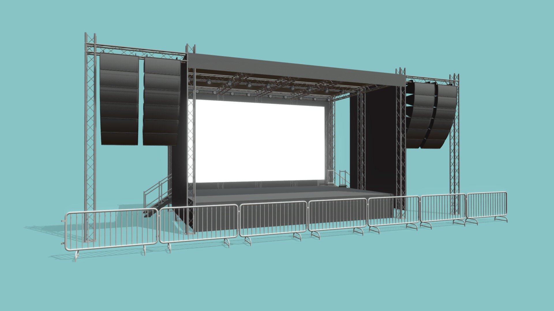 Concert Stage 1

Measurements:




Platform is: L: 8.3m, W: 5.3m, H: 1m

Inner height: 4.7m

Total height from bottom to top: 6.3m

IMPORTANT NOTES:




This model does not have textures or materials, but it has separate generic materials, it is also separated into parts, so you can easily assign your own materials.

If you have any doubts or questions about this model, you can send us a message.