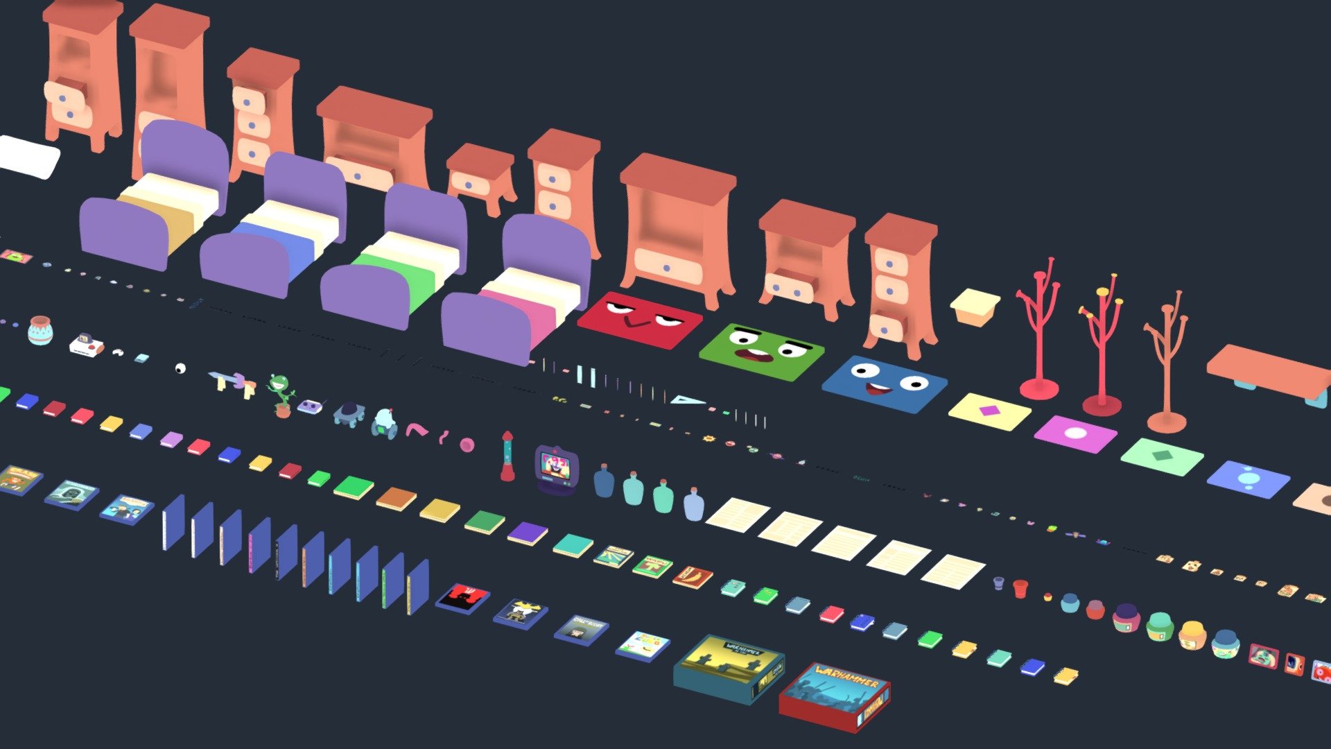 A series of assets you can use to build and decorate a stylized cartoon room

In the attached .zip you can find the fbx for Maya 2014 and for Maya 2018.