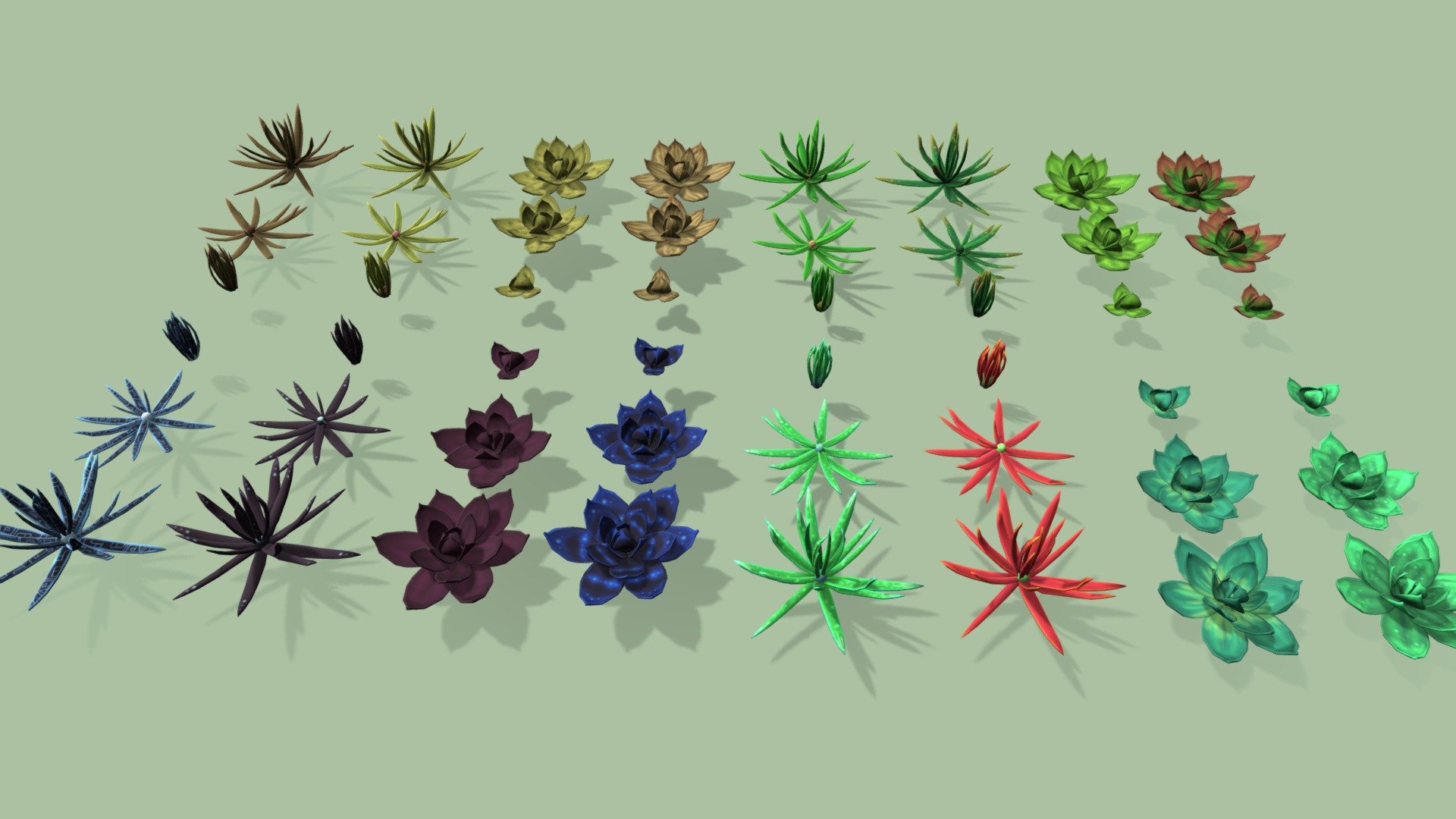 6 different 3D models with 8 designs.
Usable for beautiful environments of a normal or fantasy world.
There are designs for deserts, or under the sea or even more alien plants.