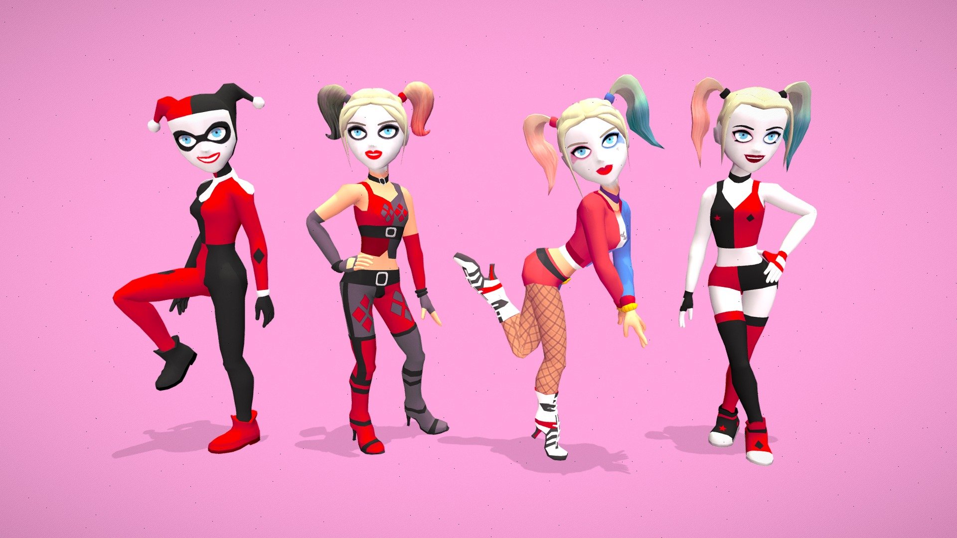 Harley - low poly 3D character. The pack includes several types of characters from different times and interpretations of the comic character.

The pack includes 4 types of Joker character. Each of the characters is a cartoon version of a character from the various films in which the character has been.

4 separate types of character meshes, each with a rig and overall texture

*animations not included

Number of textures - 1 Texture dimensions - 1024x1024 
Polygon count of [Harley_1] - 4574 triangles
Polygon count of [Harley_2] - 7360 triangles
Polygon count of [Harley_3] - 7486 triangles
Polygon count of [Harley_4] - 6266 triangles
Number of meshes/prefabs - 4 
Rigging - Yes UV mapping -Yes

*animations not included