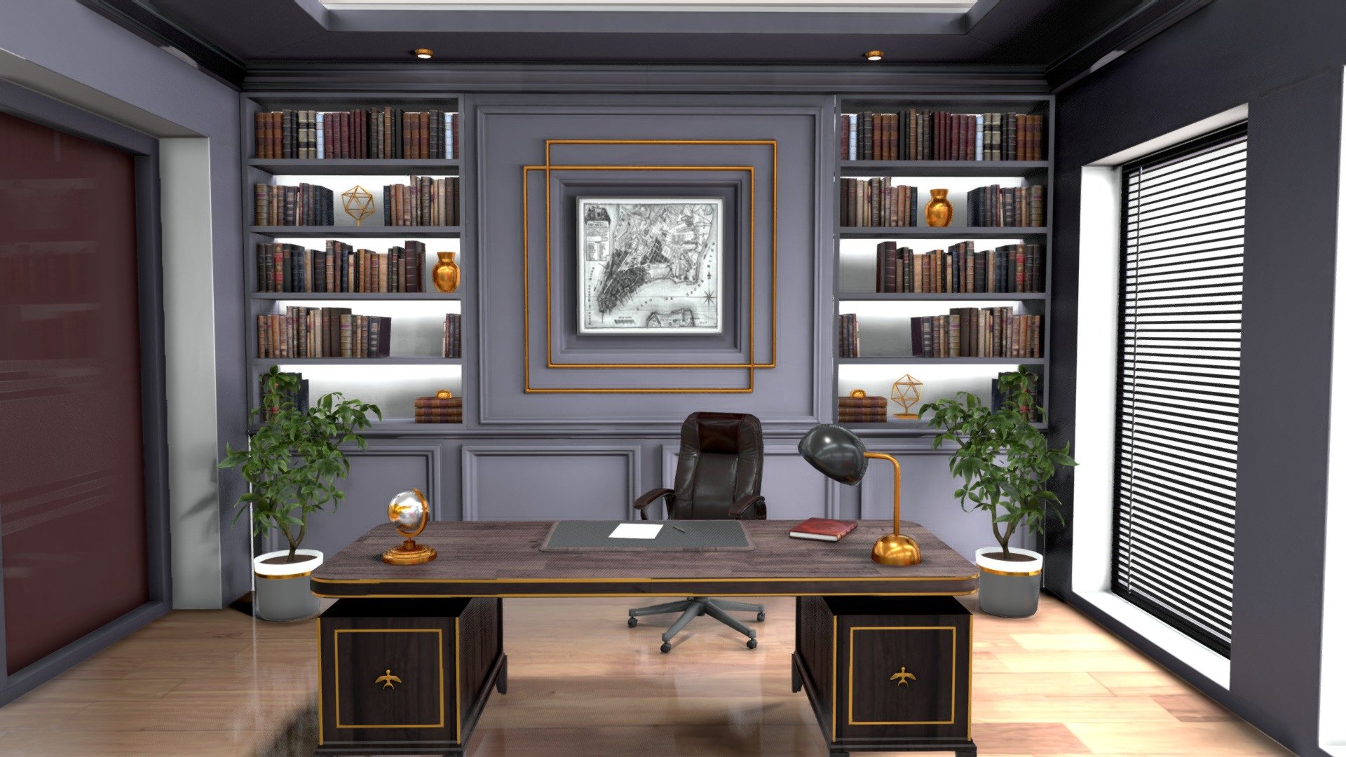 This luxurious personal office asset features a refined and elegant design, offering a space that combines professionalism with comfort. The centerpiece is a sophisticated desk with ample workspace, complemented by two armchairs in the sitting area for meetings or relaxation. Bookcases line the walls, filled with books and décor, while touches of gold-themed accents add a subtle, upscale aesthetic. The space is brought to life by indoor plants, offering a natural element to balance the formality of the room, making it ideal for high-end professional or private environments. Perfect for use in executive offices, corporate scenes, or home office setups, this asset brings an air of sophistication and productivity to any project.Unbaked textures available in additional files.

Available on Fab: https://www.fab.com/listings/28983e90-889b-432e-80ba-0a18e5ff49fb