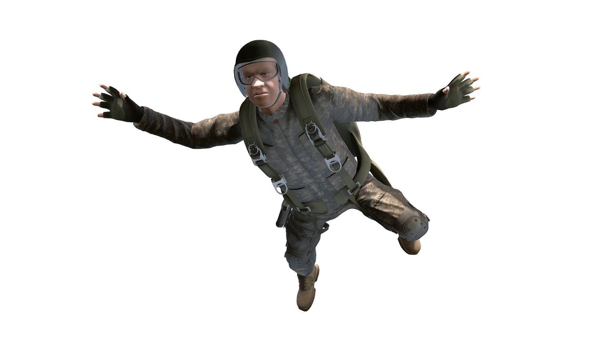 Military / Marine / Paratrooper Rigged Character
Realtime ready Military / Marine / Paratrooper Rigged Character, setup with PBR textures &amp; clean topology for use in 3d development.

Check out our Main Collections

More in our Military Collection

More in our Clothing Collection

Detailed Description Info:

Marine Para Rig. This is setup to easily work with Mixamo + the 1000s of available animations and is using one to drive the character in this scene. The additional file Includes is a key frame rig setup for use with Maya, also includes the mixamo rig in both maya and FBX format.
There are currently lower poly versions of the clothes and parachute included in the keyframe and mixamo rig additional files.
