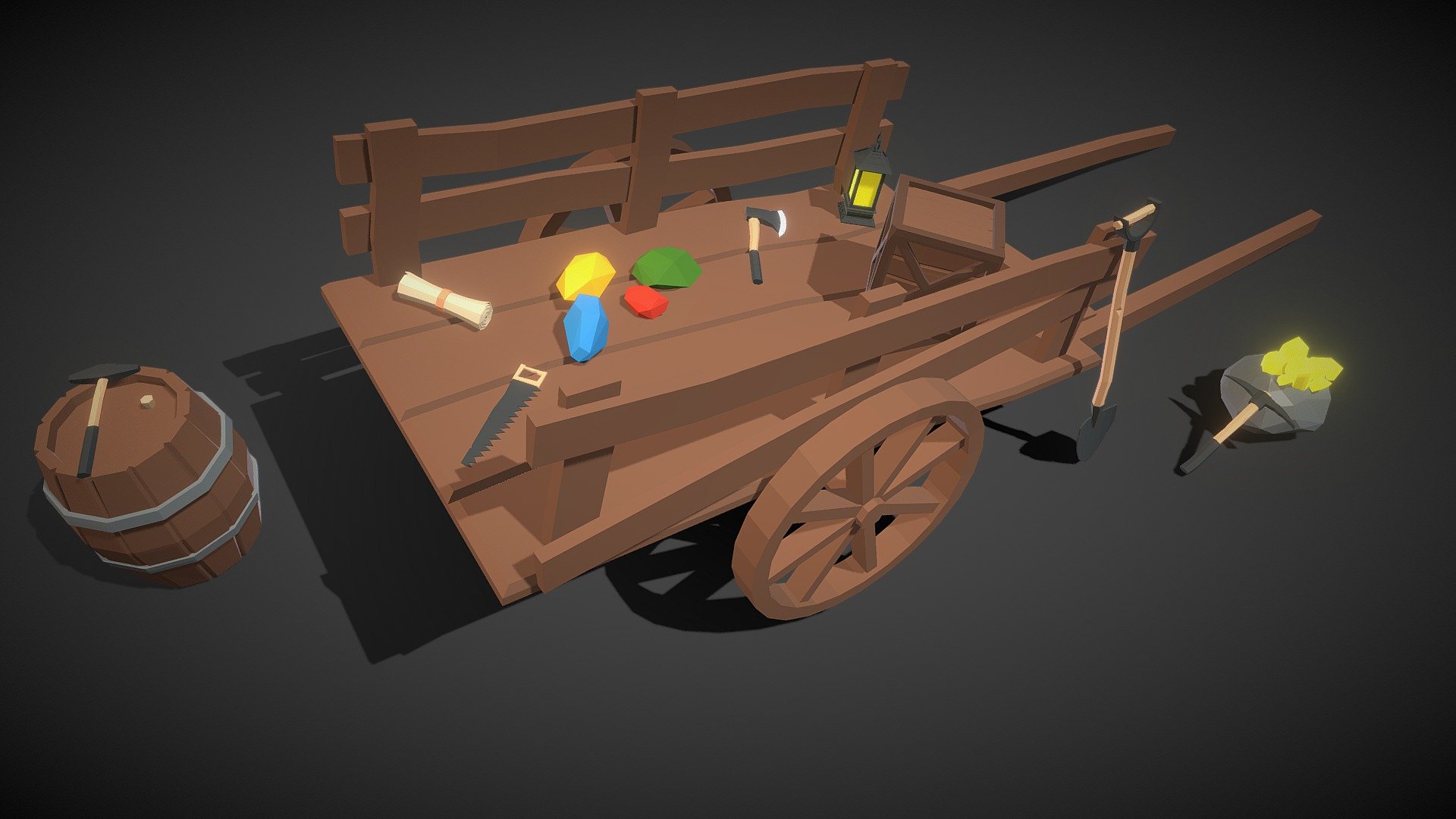 A collection of free low poly mining assets. This free pack consists of 16 unique assets. 

Texture

All objects share the same 256x256 texture to increase performance. Game ready assets suitable for mobile games &amp; VR/AR experience. 

Package Content




Gemstones (5x): 20-40 tris

Stone with Ores (1x): 270 tris

Axe (1x): 311 tris

Pickaxe (1x): 232 tris

Hammer (1x): 132 tris

Saw (1x): 274 tris

Shovel (1x): 538 tris

Lantern (1x): 2294 tris

Paper Roll (1x): 510 tris

Barrel (1x): 696 tris

Crate (1x): 747 tris

Horse Cart 1x): 1500 tris

If you have any suggestions or ideas for future releases and updates, please let us know in the comments or via 

purepoly.info@gmail.com.

Also, if you like this package, check out the full Mining package on Sketchfab:




Low Poly Mining Pack - Crystals, Ores &amp; Tools
