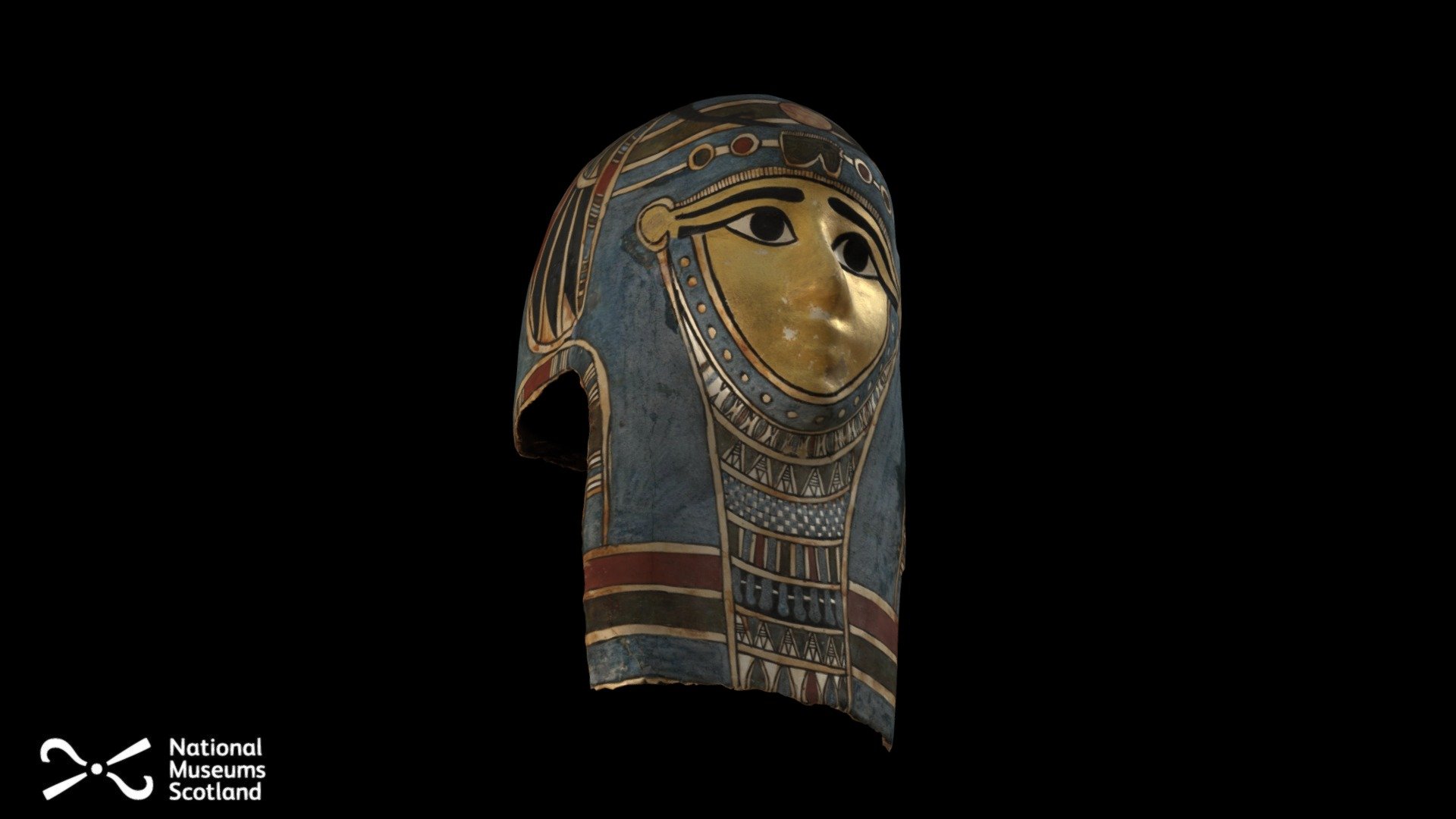Mask from a complete cartonnage consisting of mask and three breast pieces. Excavated by the Egypt Exploration Society at Abydos. Ancient Egyptian, dating to the Ptolemaic period, 323-30 BC. The gold colouring reflects the ancient Egyptian belief that that god’s skin was made from that material. Other symbols of rebirth after death include the winged scarab beetle, show on the top of the head.

Museum reference A.1912.157 C

Collection World Cultures

Object name Cartonnage mask

Date 323 - 30 BC

Style / Culture Ptolemaic Period, Ancient Egyptian

Materials Cartonnage

Collection place Abydos, Upper Egypt, ANCIENT EGYPT

Discover more about Ancient Egypt on the National Museums Scotland website.

Photogrammetry by Thomas Flynn / Sketchfab for National Museums Scotland.