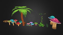 Vegetation Kit tree, grass, plants, mushroom, ivy, tropical, quest, palm, flowers, vegetation, coconut, platformer, stem, bud, claytons