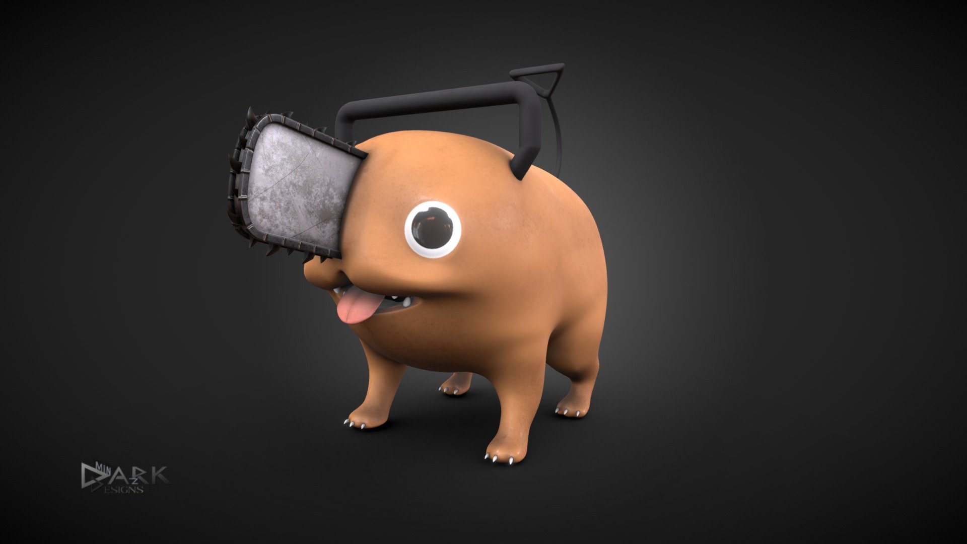 (might contain spoilers) After disappearing from his battle with the Four Horsemen and Weapon Devils, Pochita is reduced to a “near-death state”. In this state, he appears to be a small orange canine-like devil with a chainsaw-like appendage protruding from the centre of his head. Handles emerge from his body allowing him to be wielded like a chainsaw, and his short tail is in the shape of a chainsaw's pull cord.