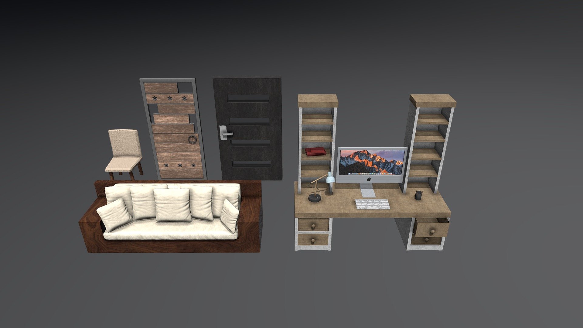 Modern House Interior Props

-Chair
-Exterior Door
-Interior Door
-Sofa &amp; Coushins
-Desk
-Personal Computer
-Lamp
-Pencils
-Books