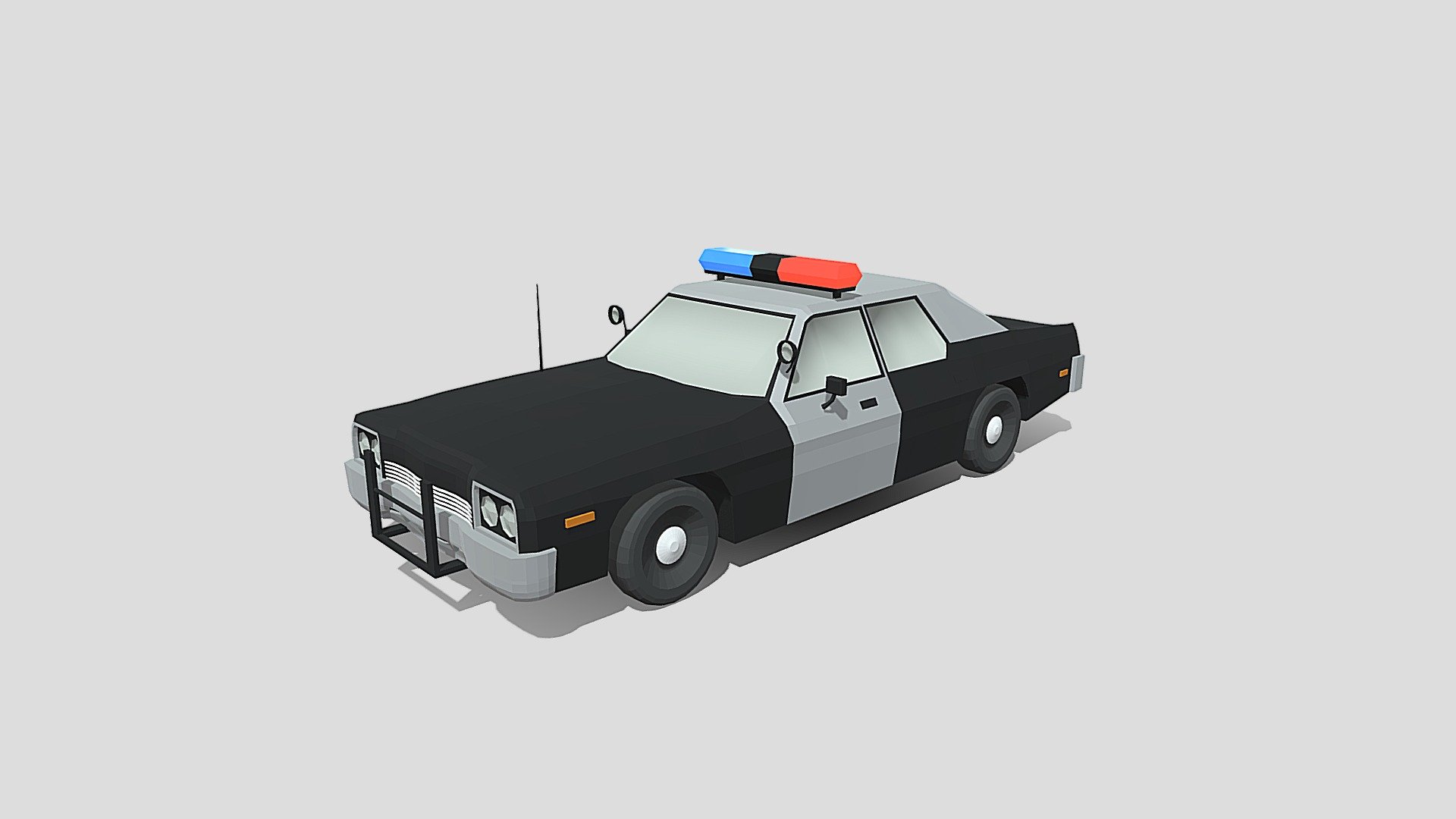 This is a low poly 3d model of a Dodge Monaco police car. The low poly car was modelled and prepared for low-poly style renderings, background, general CG visualization presented as a mesh with quads only.

Verts : 5.510 Faces: 5.413

The model have simple materials with diffuse colors.

No ring, maps and no UVW mapping is available.

The original file was created in blender. You will receive a 3DS, OBJ, FBX, blend, DAE, Stl.

All preview images were rendered with Blender Cycles. Product is ready to render out-of-the-box. Please note that the lights, cameras, and background is only included in the .blend file. The model is clean and alone in the other provided files, centred at origin and has real-world scale.