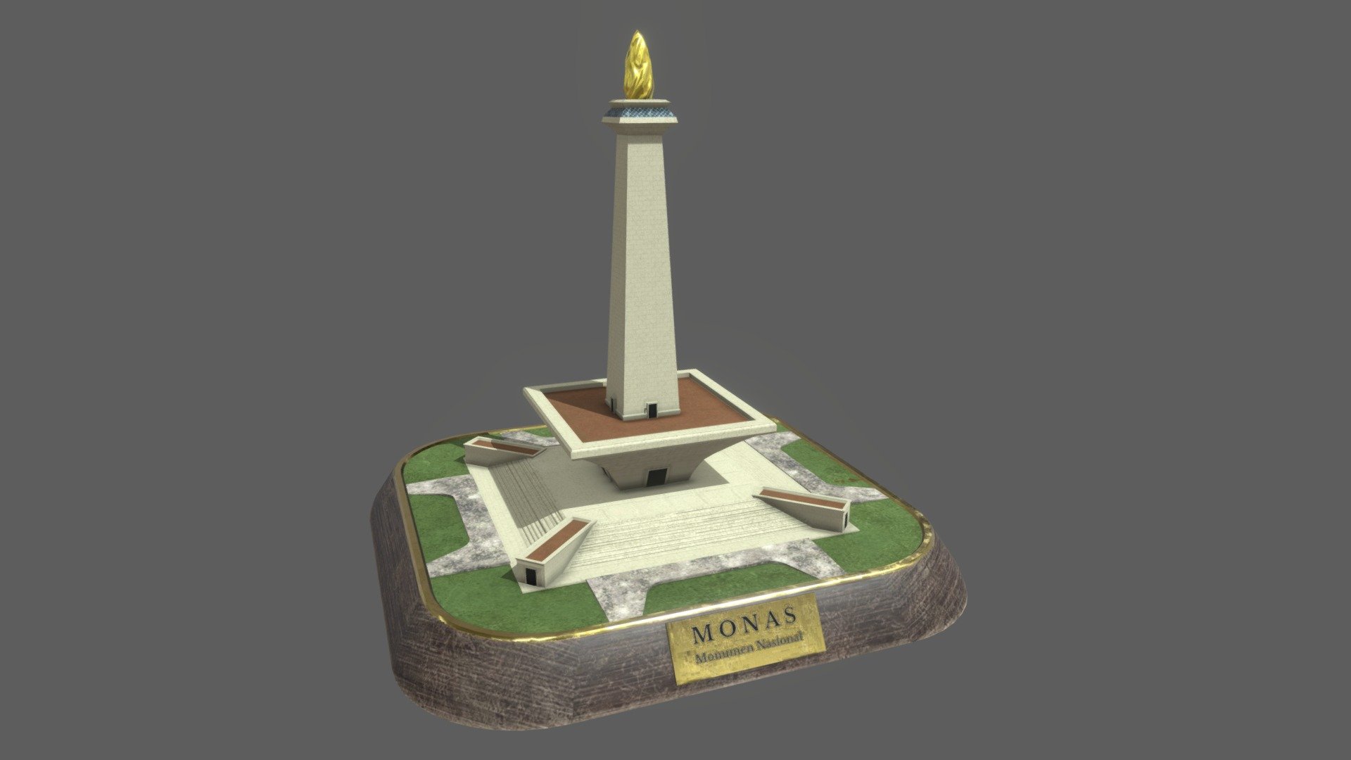 A figurine model of the Monumen Nasional (Monas), a large obelisk located in the center of Jakarta, Indonesia. Stylized lightly with aesthetics in mind, as such the dimensions/ratios don't really conform to the actual monument. Partially inspired by the Civilization 6 artstyle (though I did not nail it exactly).

Was created as a test of my modelling/texturing abilities, I'm quite happy with the outcome, while it did not precisely adhere to the idea I had in mind, it was quite good regardless.

Modelled in Blender and textured in Substance Painter.