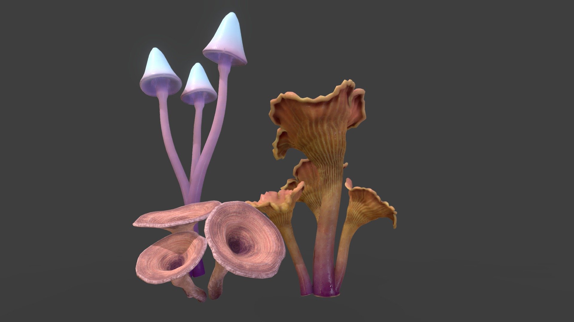 Three fantasy mushroms i made for my scene for CGboost.com challenge - mushroom house. Image can be seen on my Artstation here: https://www.artstation.com/artwork/mDW1P9