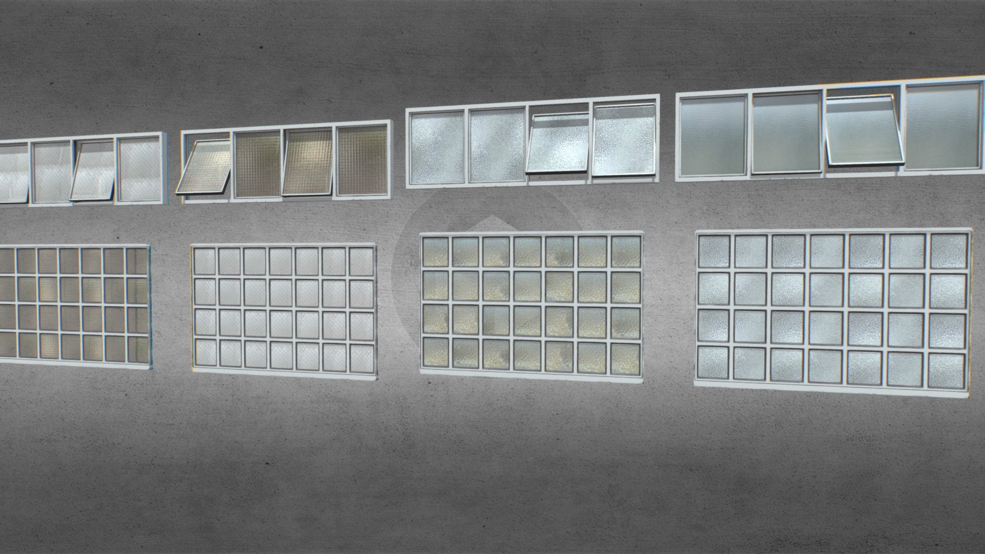 Pack of 4 different windows with painted frame. Based on realistic windows.

Comes with PBR 4096pix texture sets including Albedo, Normal, Roughness, Metalness, AO. TGA textures.

Suitable for factories, warehouses, hangars, etc..

In the window with 4 glasses, the 4 windows can be opened.