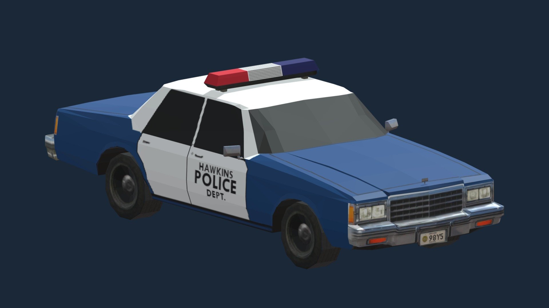 Hawkins Police Car
As seen on the Netflix show Stranger Things.

Vehicle of choice for Hawkins' finest! Original asset created by Archie Cuntingham - Caprice Police blue version. Used with permission by the author. I modified his textures/UV maps a bit to give more fidelity to the Hawkins logo and gave it a darker blue livery.

This is an was created for use in the game Cities Skylines - here is the asset if you’d like to use it!

Modelled and textured by hand - please favorite and follow!