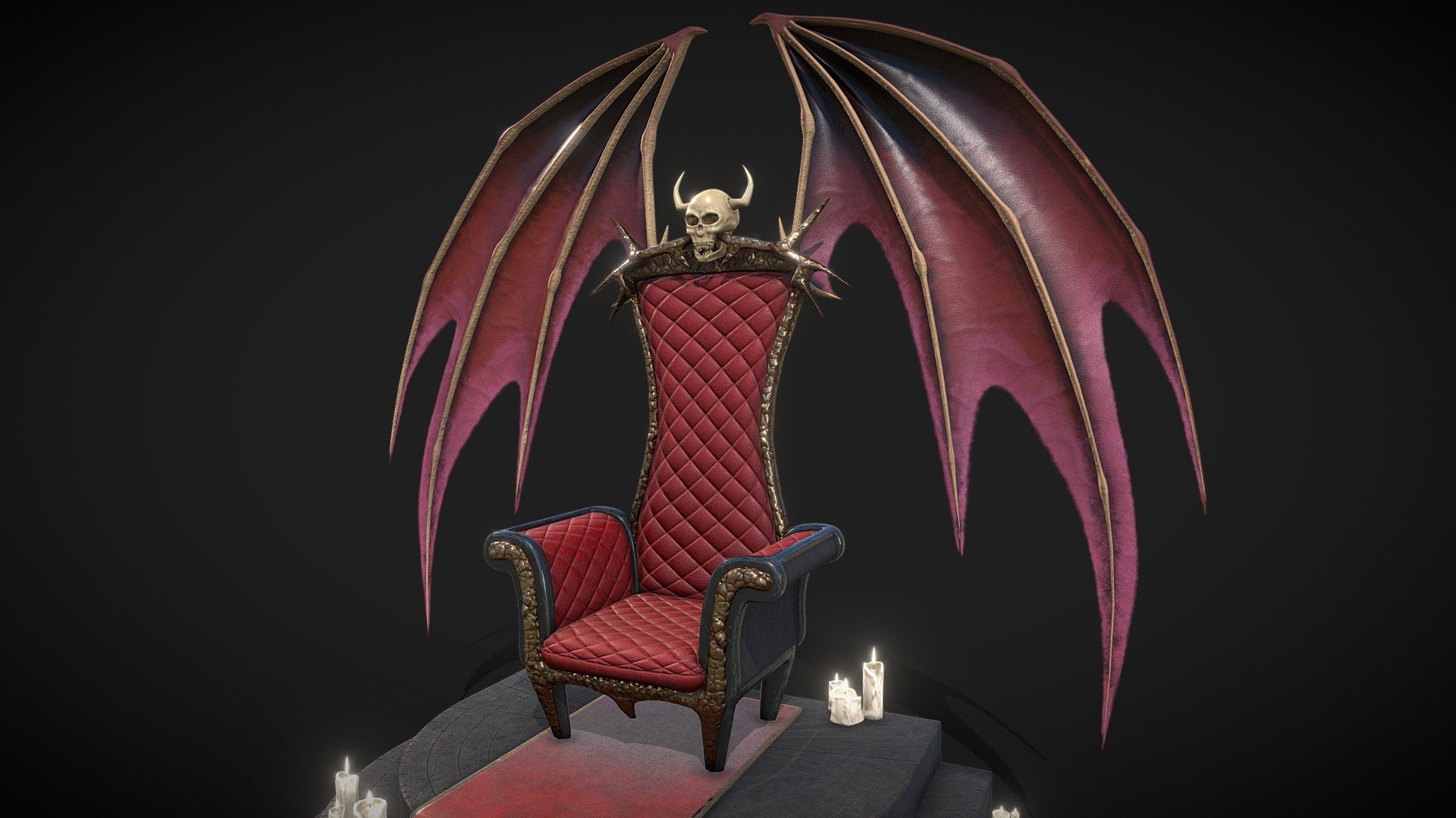 A dark settings throne with skull and wings from a demon to show the power and might of the owner.




3 Sets of 4k Textures


1 Set of 1K Texture for the Candle and a simple image for the candleflame




29.571 Faces



44.046 Faces with Candles
