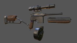 Mauser C96 + Extras drum, snail, scope, ww2, b3d, textures, hard, surface, mauser, magazine, wwii, silencer, stock, automatic, metal, pistol, sniper, c96, weapon, blender, pbr, gun, gamerready, trommelmagasin
