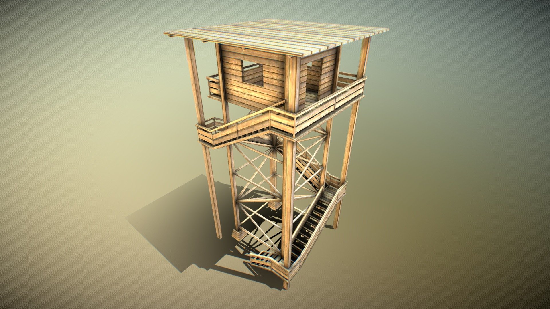 Here is my wooden watch tower design. 
I modeled and textured this tower in Blender 08.12.2010. 

 

 Test in Unreal 4 

Test in Unity 

Test in Blender Game Engine 

 

 

