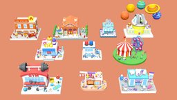 Cartoon Public Buildings Islands Exteriors 2 office, police, truck, theatre, circus, gym, store, tailor, town, observatory, laundry, publicity, firestation, cartoonstyle, dentary, cartoon, blender, house, car, city, building, shop, exteriors, hairsalon, cartooncity, noai, cartoonpack