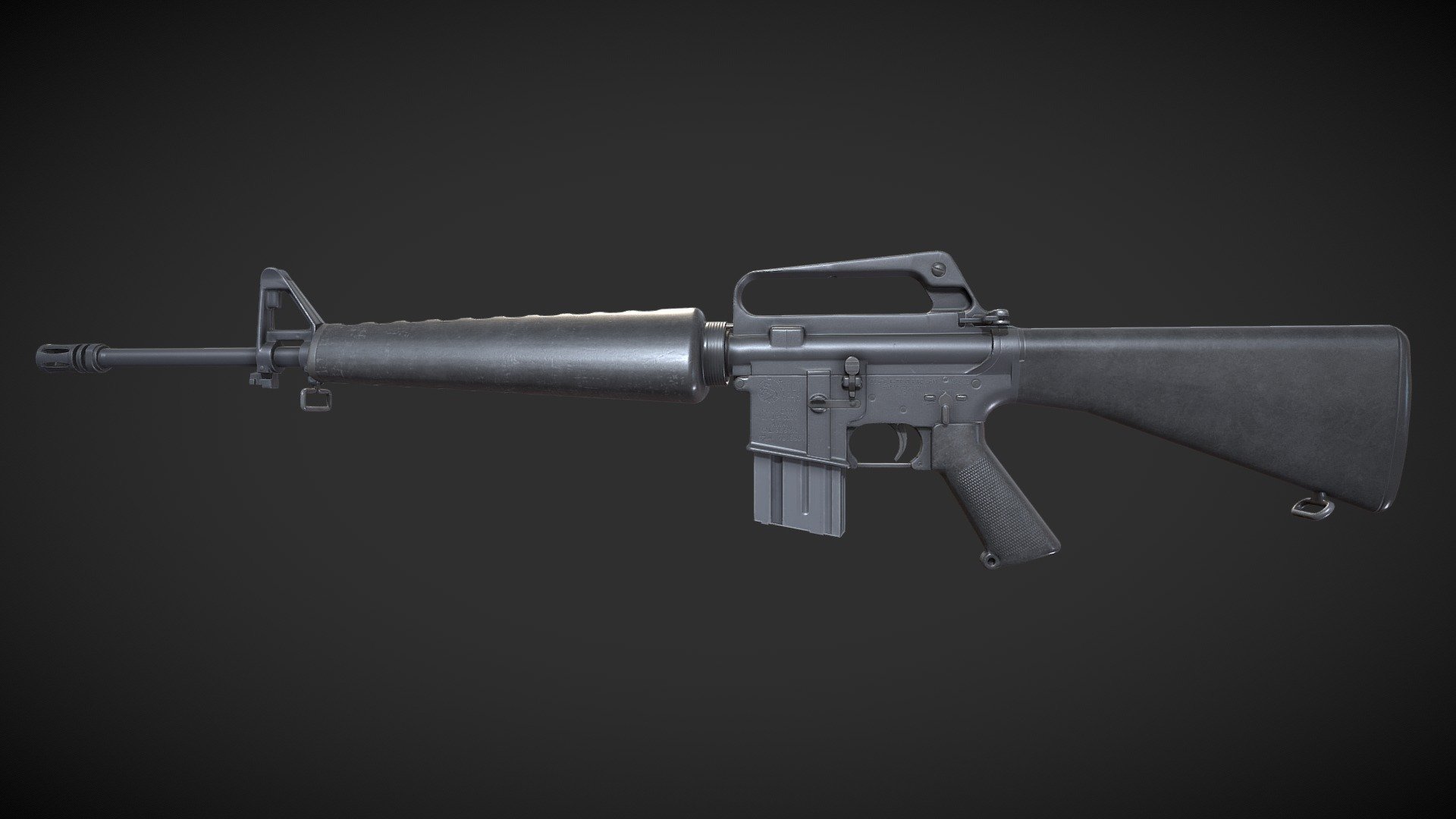 Colt's iconic M16A1. Derived from ArmaLite's AR15, the Colt Model 603, commonly referred to as the M16A1, was the final model that had all of the improvements required by the US Military from its previous iterations. It was introduced into service in 1967 and was the main weapon issued to US soldiers during the Vietnam War. In 1982 the M16A1 was phased out by the M16A2 but is still in use by some armies today.
This was definitely the most complex model I've created (so far) and I had a lot of fun making it. I had been working on this a while on the side when I wasn't doing school work. I was constantly restarting the project as I was improving at modeling and realizing I was doing stuff wrong.
Modeled in Maya, textured in Substance Painter, and rendered with Marmoset 3d model