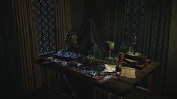 Medieval scene beetle, 3dart, table, goblet, chalice, tableware, 3dscene, helmet, history, writing-utility, goblet_3d