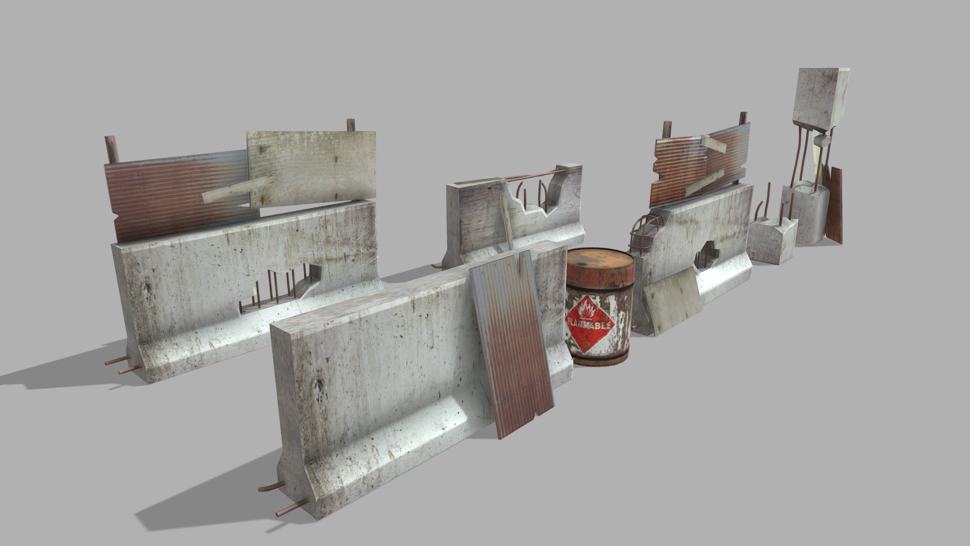 A free to download Fence / Concrete barrier pack.
Includes 2 barriers with a fence structure on top, 2 normal barriers which one of them is broken

intended to be decor besides streets and as walls for example bases in apocalypse themed worlds.

Made in Autodesk Maya.


Triangles: 13.2k

Vertices: 7k - Concrete Barrier / Drum Barrel / Fences - Download Free 3D model by Myjato 3d model