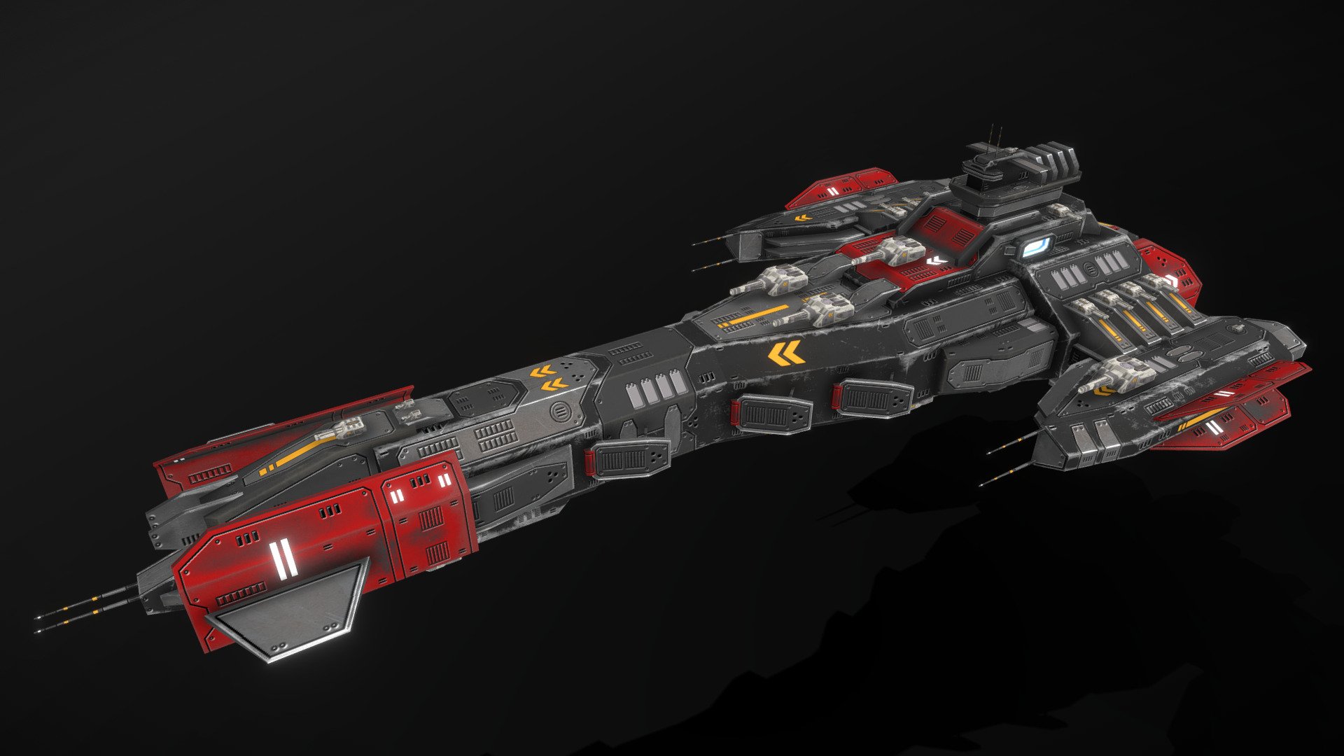 This is a model of a low-poly and game-ready scifi spaceship / space structure model. 

The weapons are separate meshes and can be animated with a keyframe animation tool. The weapon loadout can be changed too. 

The model comes with several differently colored texture sets. The PSD file with intact layers is included.

If you have purchased this model please make sure to download the “additional file”.  It contains FBX and OBJ meshes, full resolution textures and the source PSDs with intact layers. The meshes are separate and can be animated (e.g. firing animations for gun barrels, rotating turrets, etc) 3d model