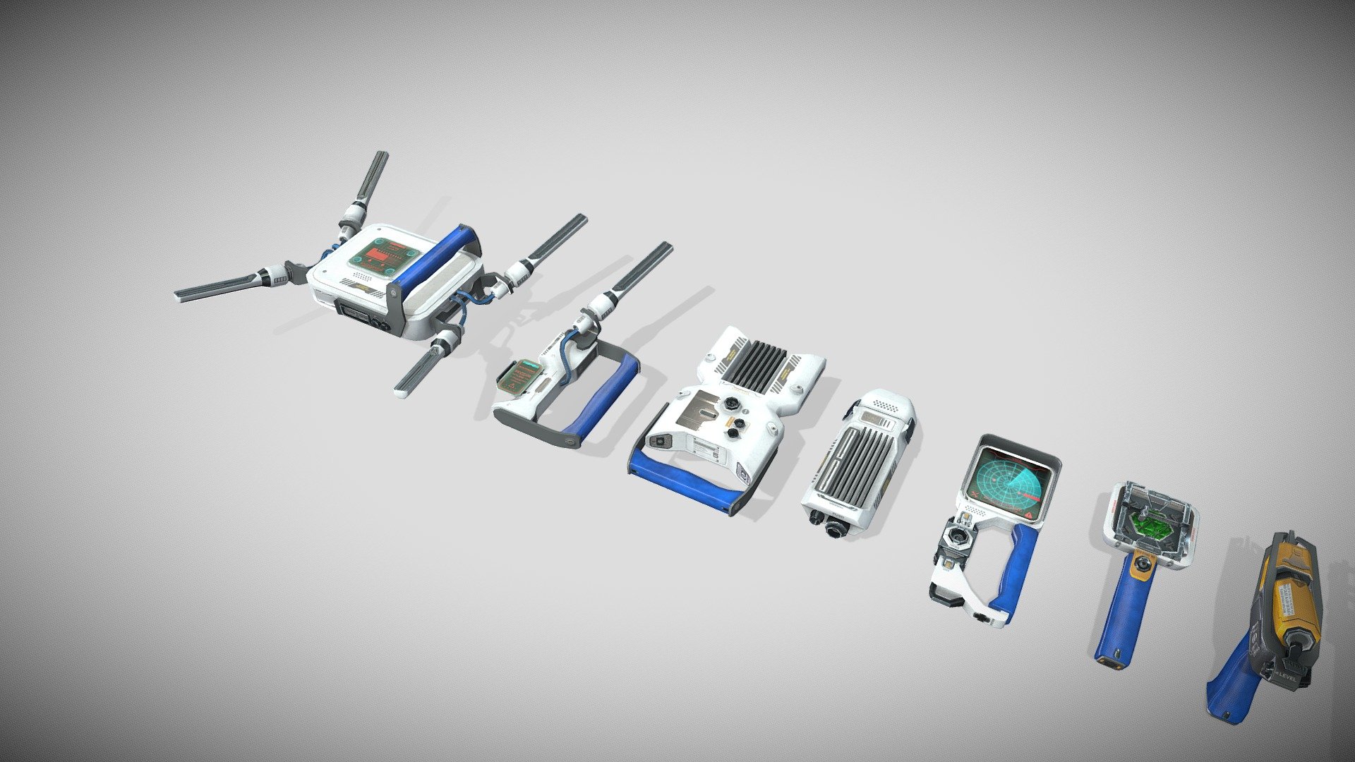 Aset of 12 futuristic tools models LP+PBR+GAME READY (Connector, Gas_welding_gun, Injector_A, Injector_B, Manual_chip_printer, Pliers, Scanner, Signal_transmitter_A, Signal_transmitter_B, Split_wrench, Switchboard_A, Switchboard_B) These models can be used in game engines, broadcast, high-res film closeups, advertising, animations, visualisations 3d model