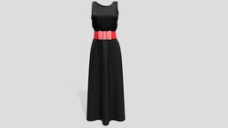 Sleeveless Slim Long Dress With Belt red, fashion, girls, clothes, skirt, dress, gown, womens, maxi, wear, formal, evening, waist, pbr, low, poly, female, black, sleevless, belet