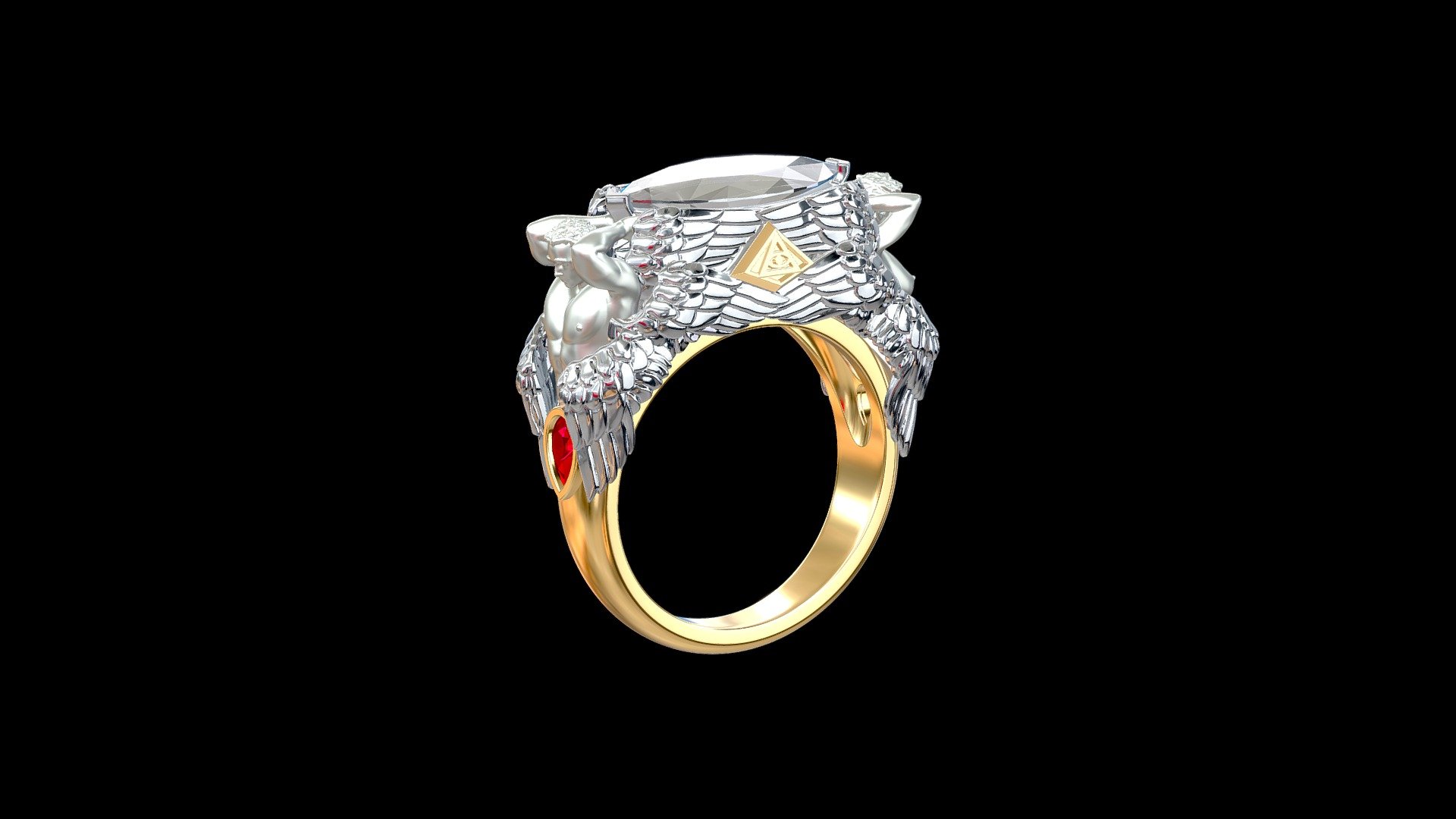 Format: STL/3DM
Measurements, mm.: 24.00 x 27.00 x 10.60
Weight (14K gold), g.: 12.60
Gemstones:
1 Marquise 14.40 x 7.10 x 3.70 mm.
2 Pear 4.00 x 2.50 x 1.60 mm 3d model
