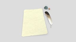 Quill Inkwell Parchment office, ancient, pot, lod, household, studio, drawing, pen, desk, font, prop, vintage, retro, paper, historical, ink, antique, medievil, literature, letter, decor, map, old, scroll, artist, inkwell, page, writing, document, feather, quill, classical, papyrus, rolls, blank, handwriting, rolled, vellum, art, "low", "poly", "wood"
