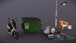 Props_CityScene_QWeek_Antonio Serrano Esquerdo motorbike, dumpster, moto, trash, can, motorcycle, dirty, cityscene, coca-cola, rubbish, streetlight, gass, cable, pepsi, trash-can, wooden-box, chair, city, street, japanese