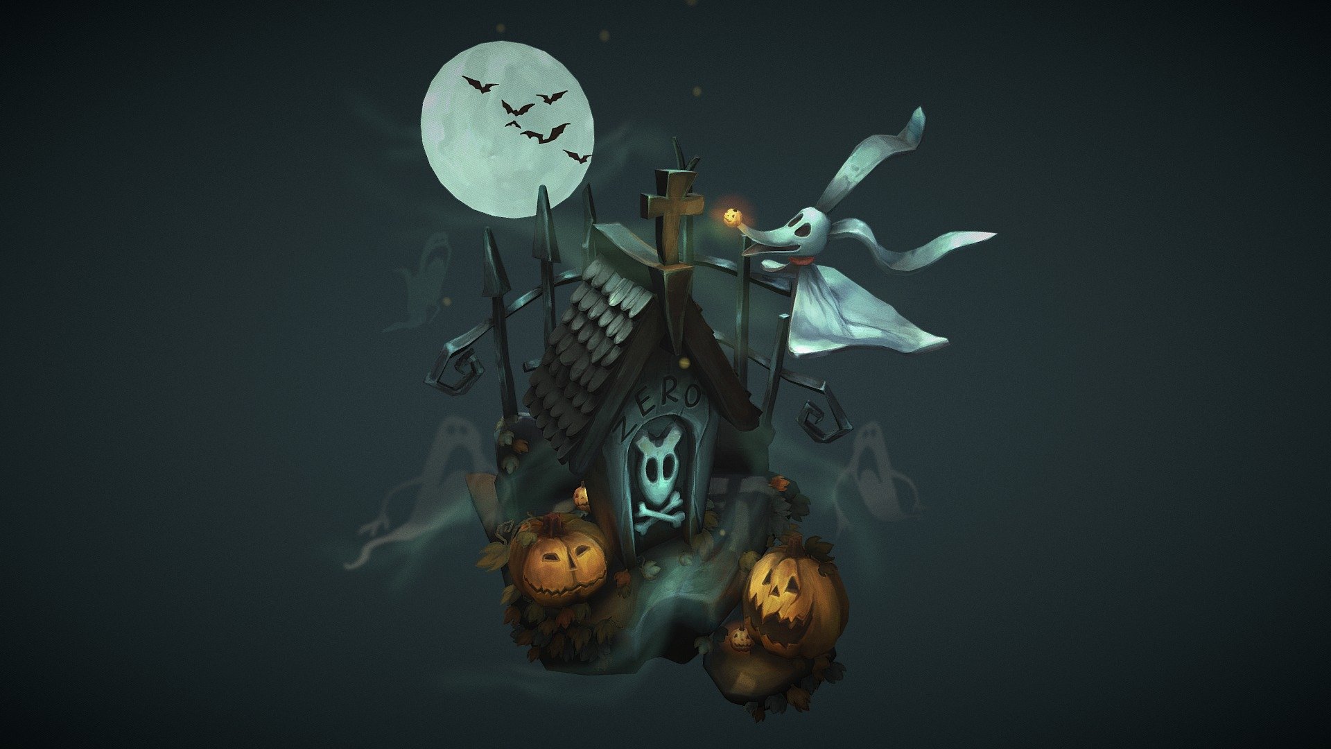 Nightmare Before Christmas is one of my favorite animated movies, it never gets old to me and inspired me a lot! I just had to create a little tribute for it fitting to the seasons and this way, I was able to make something for Halloween and Christmas. I will eventually reskin it for Christmas with some snow and other changes :) 
All handpainted 3d model