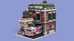 Firestation vintage, retro, firetruck, firestation, pixel-art, blockbench, pixelart3d, minecraft, vehicle, lowpoly, car, pixelart