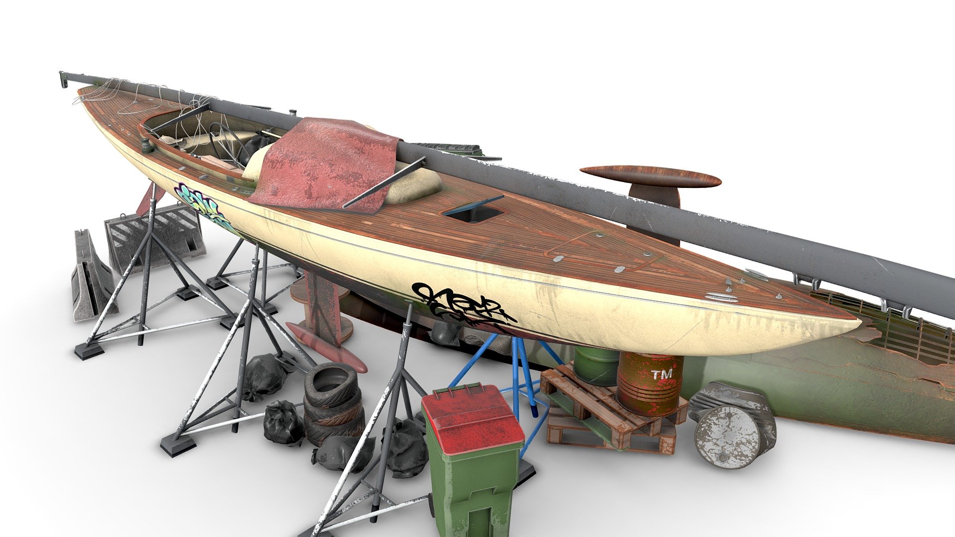 I created an abandoned boat and trash all around. 
The model is divided into three parts: 
a boat on stands, an overturned boat, surrounding debris. 
Good for close-up rendering. What can I say, it is decommissioned and abandoned. 
Perfectly complements the scene with an abandoned world or game location.

Model formats: -.max (3ds Max 2016 VRay) -.blender -.fbx (multiformat) -.ma (Maya 2018) - Abandoned boat 02 - Buy Royalty Free 3D model by IgYerm (@IgorYerm) 3d model