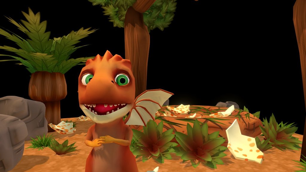 From a schoolproject created by me and seven other people.
To see more details about the project go to http://www.artstation.com/artwork/lrmQa

In This scene:

&mdash;Character modeled, UV-mapped and rigged for animation by me.
&mdash;Character skinning and animation: Oskar Wetterbrandt
&mdash;Original concept for character and character texture by Samuel Thorslund
&mdash;Egg shells created by Erik Tchang
&mdash;Props created by Lolo Lin
&mdash;Props and ground textures created by Andréa Leksell and Jennifer Anto - Hatched: Dino scene W. animation - 3D model by solkatten 3d model