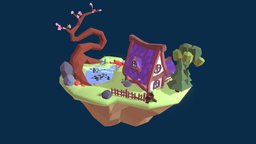 island tree, scene, cute, cottage, lowpolymodel, floatingisland, lowploly, low-poly, fantasyislandchallenge