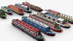 Narrowboats collection Low-poly barge, british, boats, vessel, furniture, canal, town, watercraft, narrow, citymodel, weekend, recreational, canalboat, city, boat, britishcanal, narrowboats