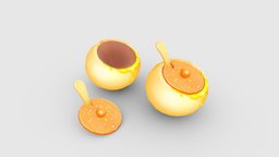 Cartoon honey jar food, pot, household, cream, sugar, candy, kitchen, dessert, tableware, kitchenware, houseware, lowpolymodel, dining-room, handpainted, cup