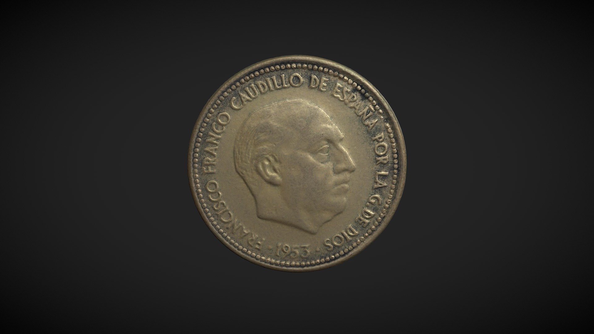 Modelo fotogramétrico de una moneda de 2,50 pesetas de 1953.

Material: Aluminio-bronce.
Diámetro: 25,5 mm.
Peso: 7 gramos.
Canto: estriado.

ANVERSO




El retrato de Francisco Franco mirando a la derecha.

Letras: FRANCISCO FRANCO CAUDILLO DE ESPAÑA POR LA G. DE DIOS 1953

REVERSO




Escudo de Armas del Estado Español

Letras: 2&lsquo;50 PESETAS
 - 2,50 pesetas 1953 - 3D model by García Ávila, M. (@garcia.avila) 3d model