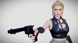 Imogen V2 body, hair, anatomy, revolver, pose, 3dcoat, vr, ar, moi3d, head, woman, costume, blonde, marvelousdesigner, weapon, character, girl, game, blender, pbr, female, zbrush, human, modo, noai