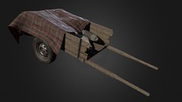 Wooden Cart with Sacks and Cloth wooden, cloth, cart, tartan, sacks