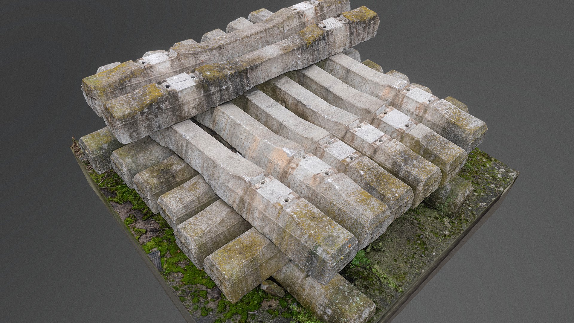 Concrete Railroad railway ties crossties sleepers stack pile heap 

Photogrammetry scan 240x24MP, 3x8K texture - Railroad ties - Buy Royalty Free 3D model by axonite 3d model