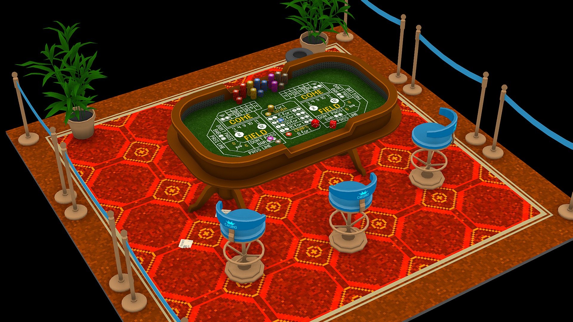 Casino interior is a highly optimized asset for any VR, AR projects, games, mobile games, presentations, animations and more.

Thanks to ideal low-poly models with optimal lightmaps UVs and minimal pixel textures, it can work on any modern mobile devices.

One main texture makes it easy to change the color solution of the entire interior.

More advanced models: Casino asset on Unreal Engine Marketplace and Unity Asset Store - Casino Craps Table - 3D model by Daniil Demchenko (@daniildemchenko) 3d model